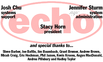 Credits: Stacy Horn, president; Jennifer Sturm, system administration; Josh Chu, systems support. Special thanks to: Steve Barber, Joe Battle, Jim Baumbach, Grant Bremer, Andrew Brown, Micah Craig, Eric Hochman, Phil James, Kevin Krooss, Angus MacDonald, Andrea Pillsbury and Hadley Taylor